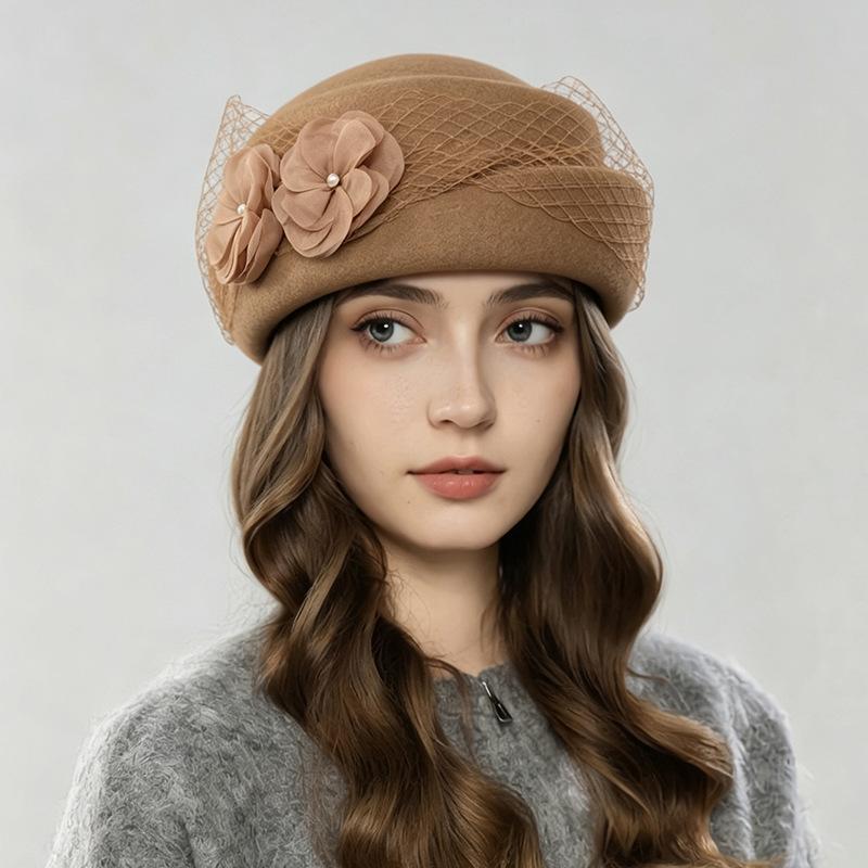 New Autumn and Winter Boutique Stewardess Hat Elegant Mesh Painter Hat Australian Pure Wool Warm Felt Personalized Beret
