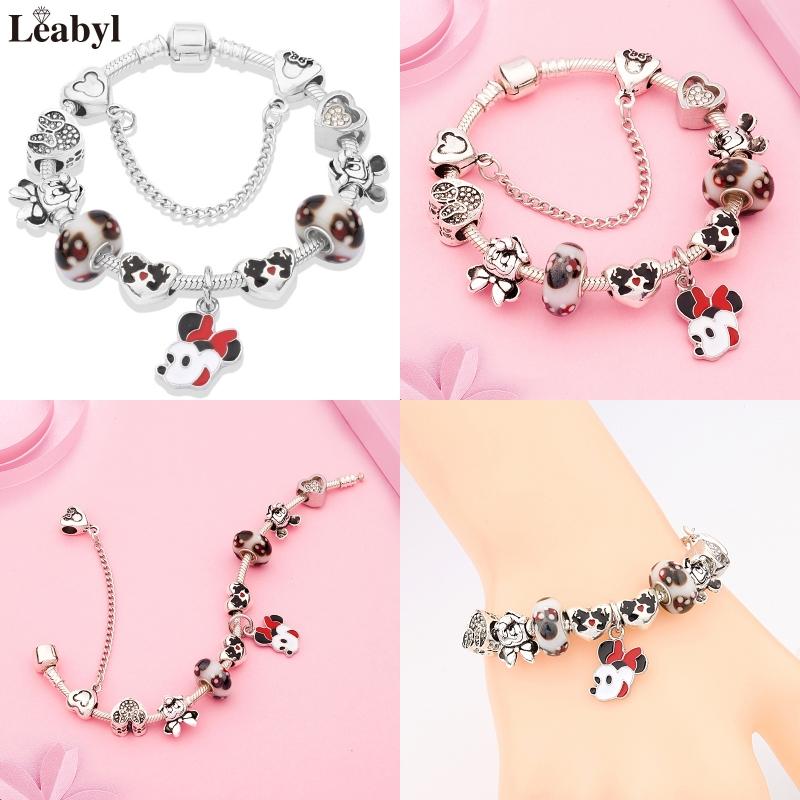 Potdemiel Pink Enamel Crystal Minnie Charm Bracelets Silver Color Heart Cartoon Bead Jewelry for Women Girl Gift