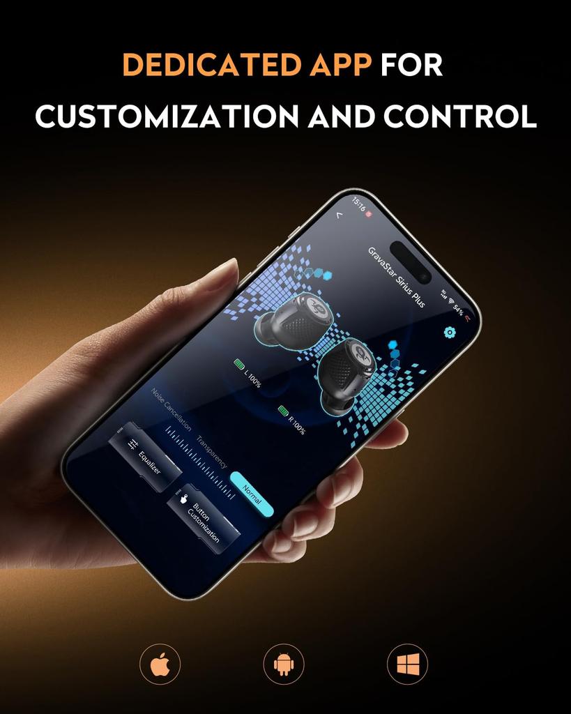 GravaStar Sirius Plus True Wireless Bluetooth ANC Active Noise IPX4 ENC Clear Customizable Weathering Yellow Earbuds, 5.3, Cancelling, 28-Hour