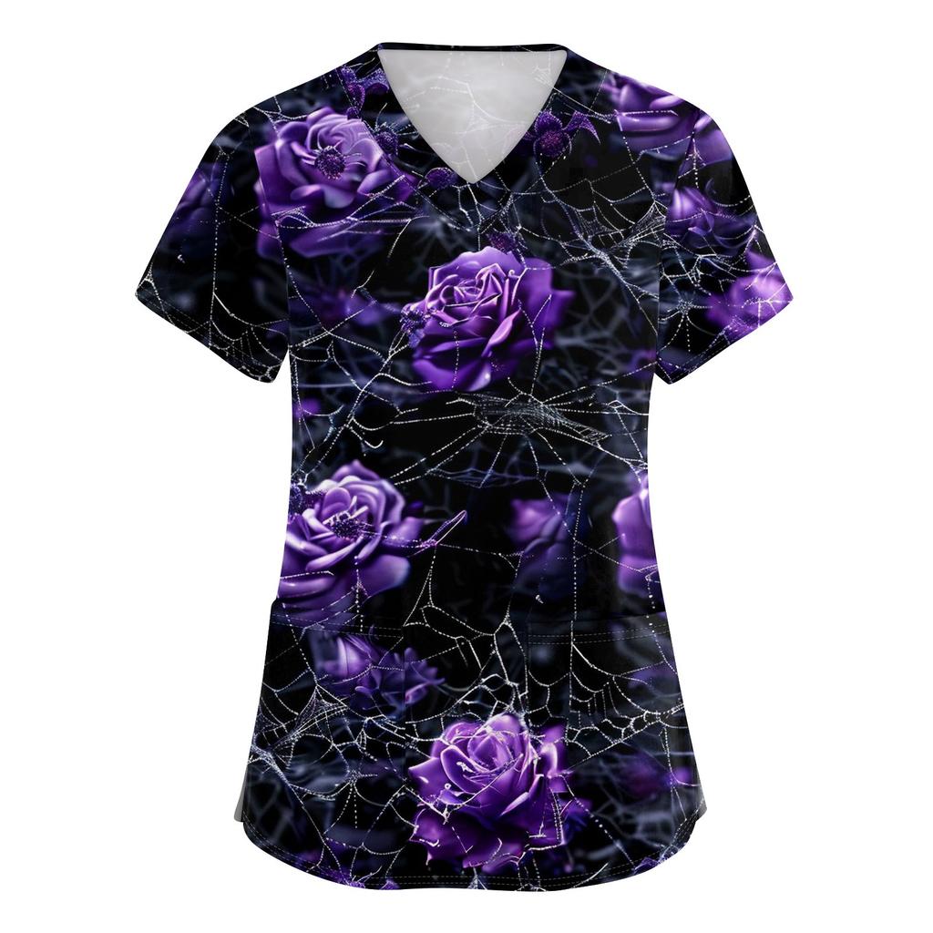Women's V-neck Halloween Printed Short-sleeved Pocket Side-slit Protective Suit Top
