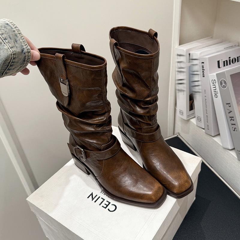 Belt Buckle Western Cowboy Boots Women's 2025 New Brown Short Boots Soft Leather Medium Tube Riding Boots Thick Heel Martin Boots