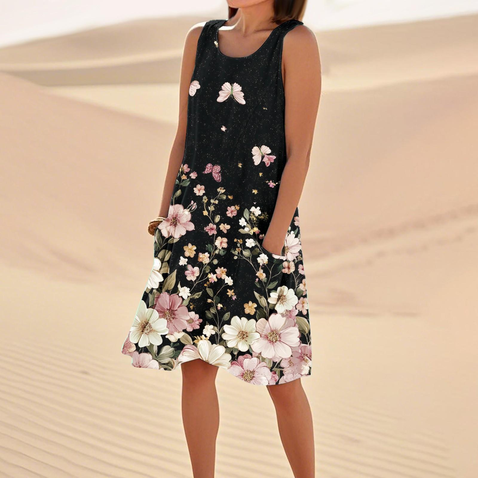 Women s Casual Summer Floral Print Sleeveless Pocket Dress L