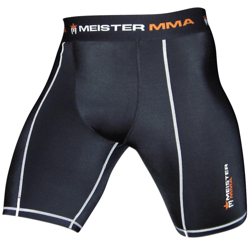 Authentic Meister Fight Shorts with Foul Cup Pockets for MMA and Kickboxing Black Medium - - (32-33)