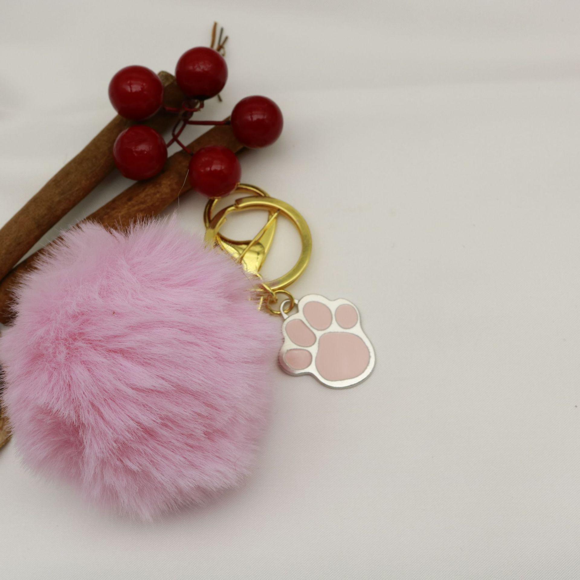 Rabbit Fur Ball Keychain with Footprint Fluff Pendant