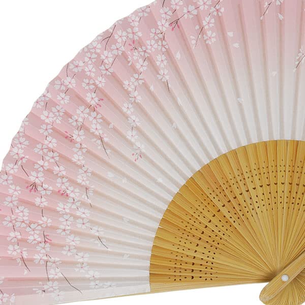 [Stylish Kimono Iroha] High-Quality Painted Folding Fan, Made In Japan, White Bamboo, Medium Carving, Pearlescent, Cherry Blossom Design, Scented