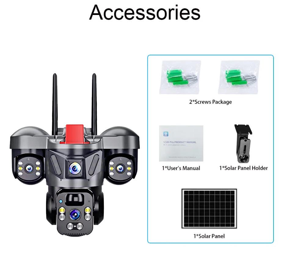 4G Solar-Powered Triple-Lens HD Outdoor WiFi Camera V380 Monitor