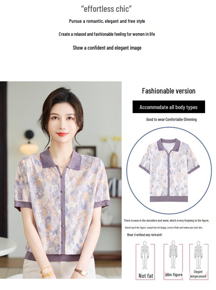 Mom's Ice Silk Short-Sleeve Blouse | Stylish Summer Knit T-shirt for Middle-Aged & Elderly Women