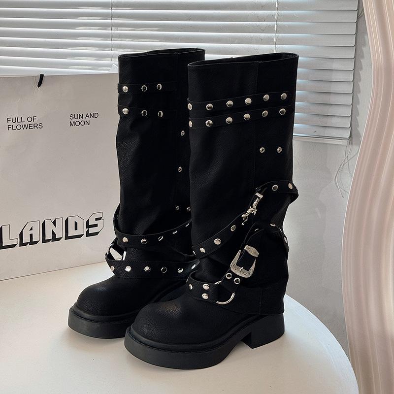 Nieten schwarz hohe Stiefel Damenschuhe 2025 neu runde Spitze Nischendesign dicksohlige Stiefel Ritterstiefel