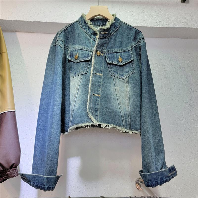European station autumn new retro old versatile casual washing water rough edge denim short jacket trendy women s clothing M синий