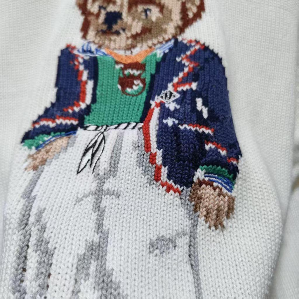 2025 R.L Wool Blend Cartoon Bear Round Neck Sweater - Women's Autumn/Winter Versatile Embroidered Style