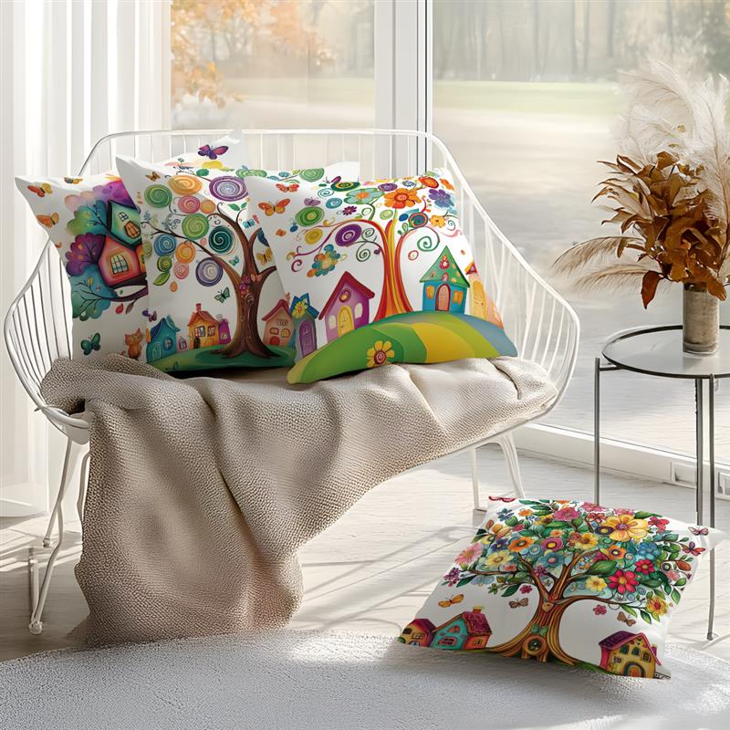 Colorful Trees Houses Pillowcase Printed 100% Polyester 45X45Cm Throw Pillowcover Decorative Sofa Cushion Pillowslip Home Decor