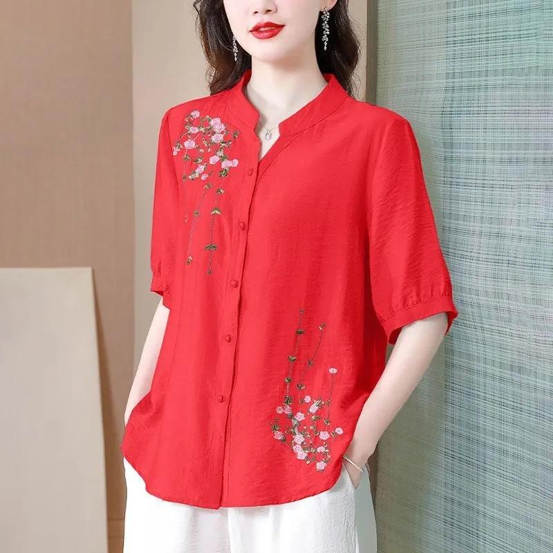 Fashion Embroidered Short Sleeved Cotton Linen Top Women's Summer Shirts Loose Cardigan Blouse Mother V-Neck Shirt Blaus 4XL