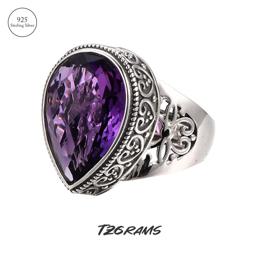 

S925 Стерлинговое серебро Богемия Этническое кольцо с каплей воды Огранка Аметист Цвет Циркон Резной Цветок Женщины Заявление Ювелирные изделия