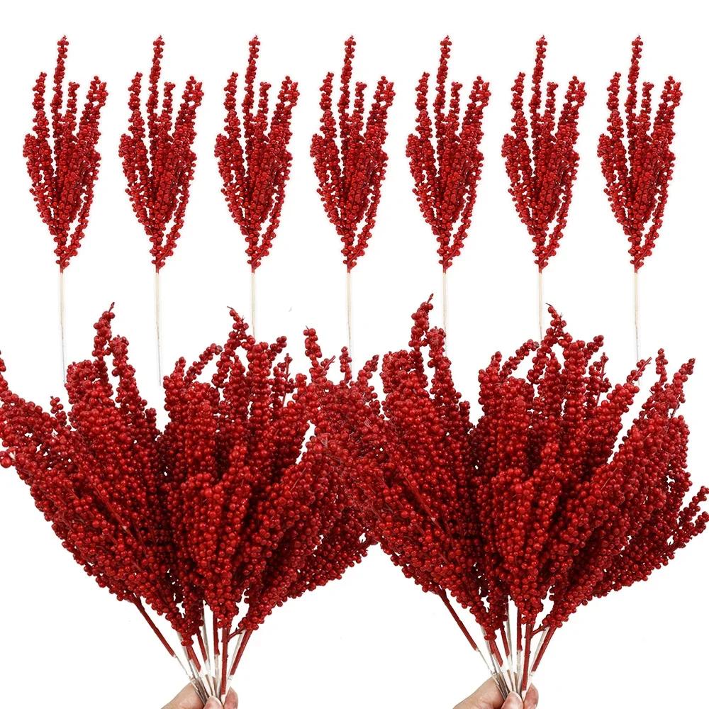 Artificial Berries Branches Red Holly Berry Stems Wreath Christmas Xmas Tree Decorations DIY Crafts New Year Party Home Decor