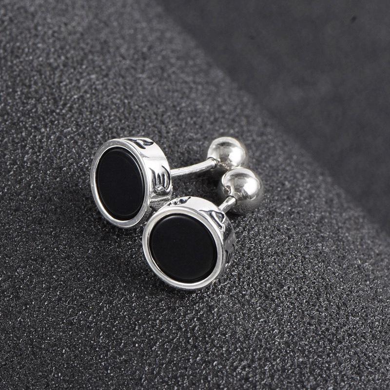 Men's Silver-Plated Round Stud Earrings: High-End, Fashionable, Minimalist Design with Six-Character Mantra - Black.