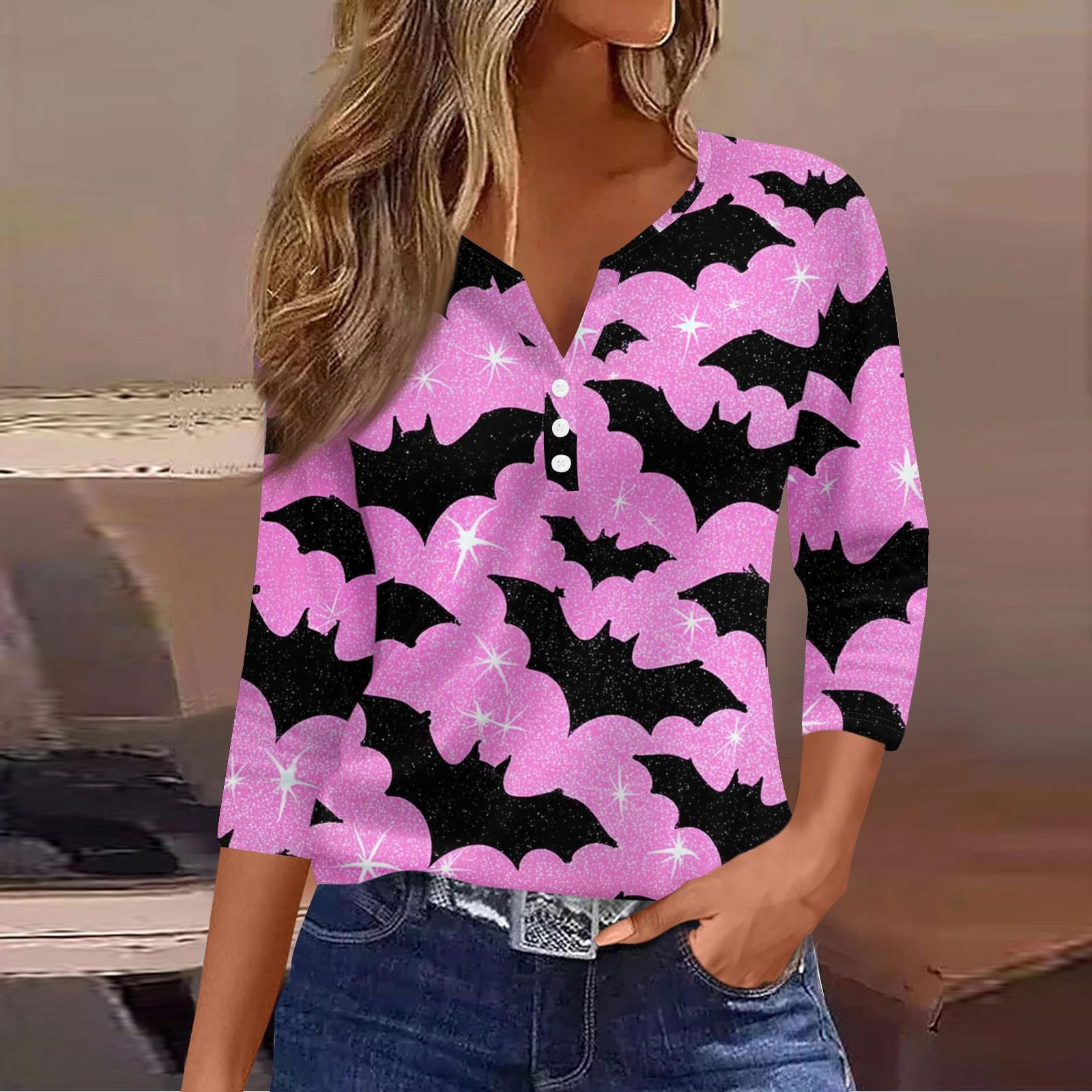 

Женский повседневный модный топ с V-образным вырезом, свободного кроя, универсальный, с принтом на Хэллоуин, с рукавом три четверти XXL