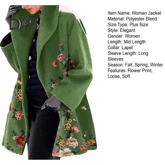 Ženy Jeseň Zima Kabát Kvetinová potlač Voľný Hrubý Teplý Dlhý rukáv Veľká veľkosť Stredná dĺžka Golier Elegantný štýl Street Cardigan Kabát