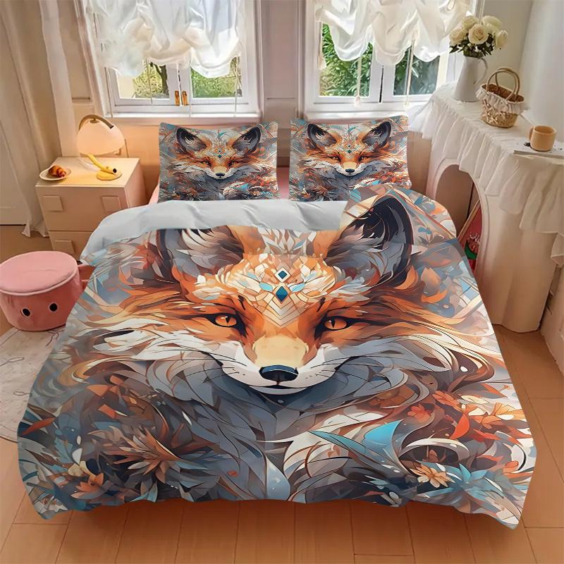 3pcs Enchanted Orange Fox Printed Bedding Set, Soft and Comfortable Quilt Cover for Bedroom, Guest Room (1 Duvet Cover + 2 Pillowcases, Pill