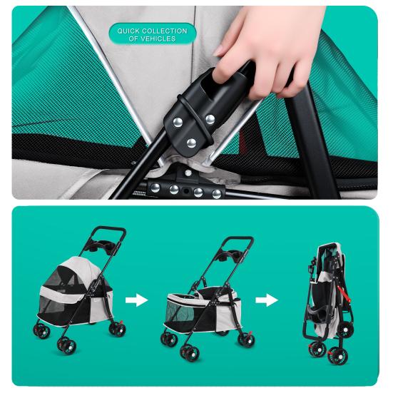 4 Wheels Pet Stroller, Folding Dog Cat Stroller with Cup Holder, Breathable Mesh for Small Pets