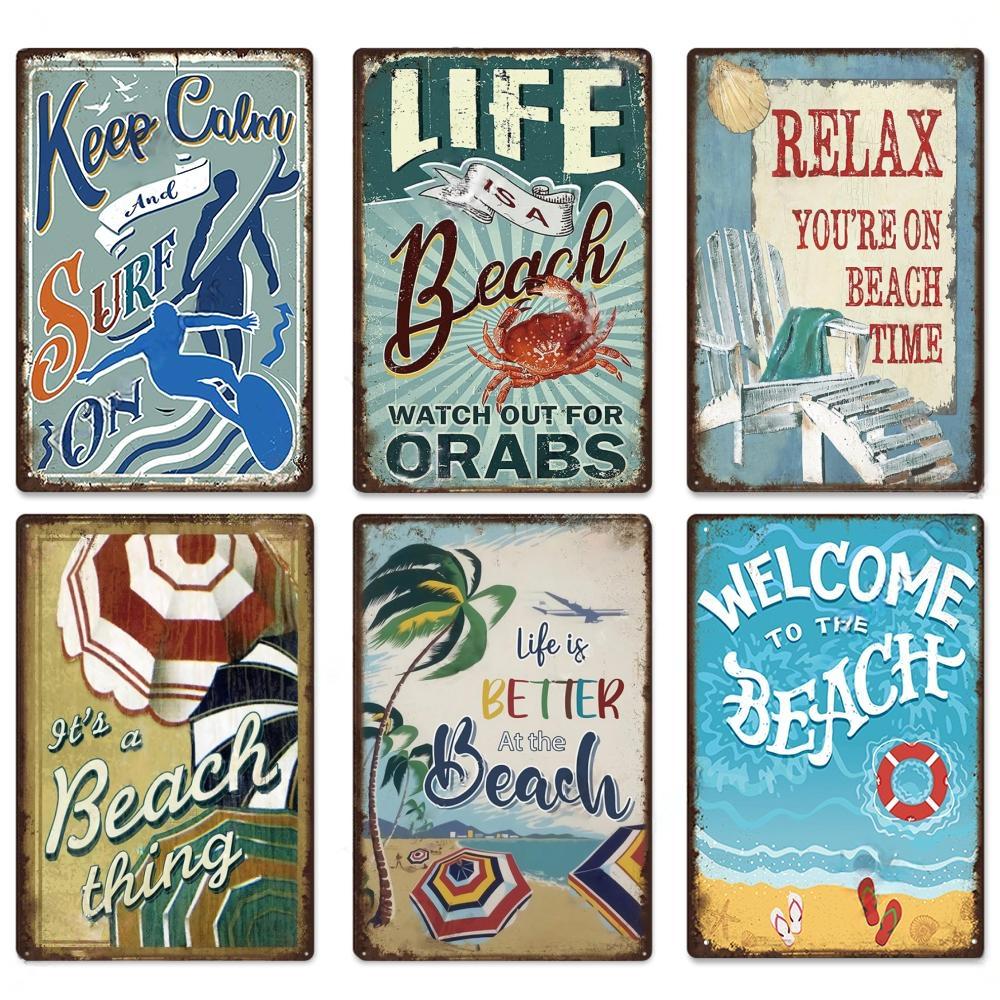 Summer Beach Decor Vintage Metal Tin Signs Plaque Metal Plate Retro Posters Wall Art Decor Seaside