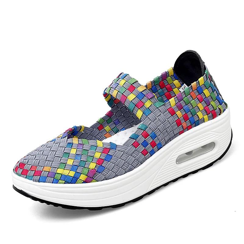 

2025 Breathable Casual Women Shoes Loafers Platform Wedges Autumn Woven Slip on Nylon High Heel Pumps Square Dancing 35 серый