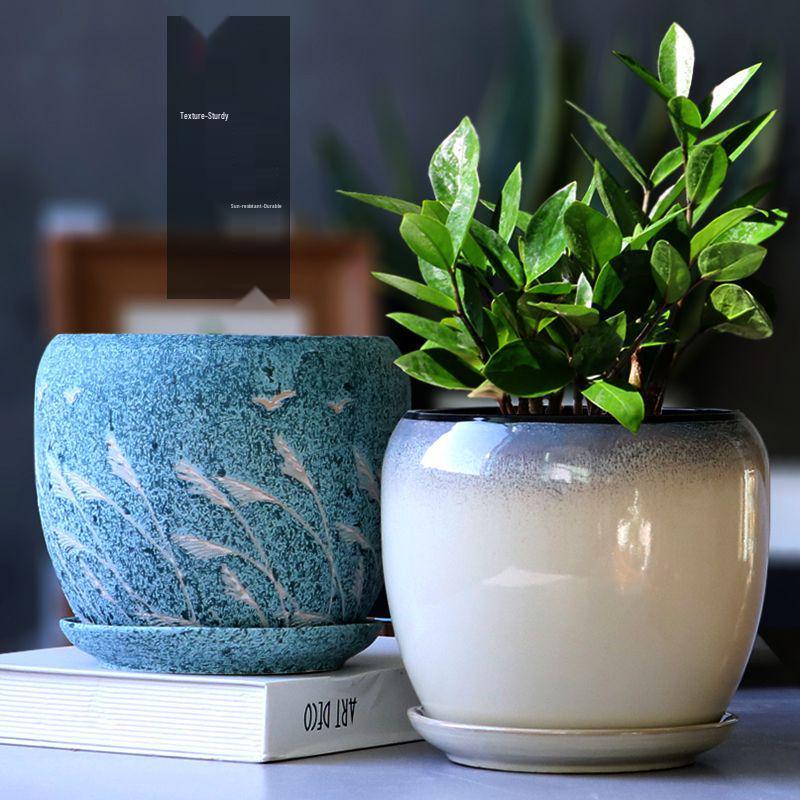 Breathable Ceramic Flower Pot with Tray for Gardenia and Succulents, Chinese Style, Large and Durable for Balcony Use.