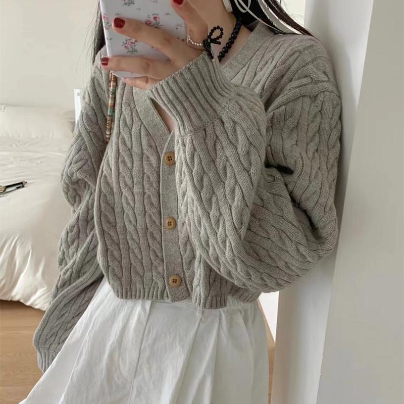Korean Solid Lantern Sleeve Women s Knitted Sweater Autumn Winter Short Cardigan Jacket Loose V-Neck Fashion Soft Sweaters Women One Size