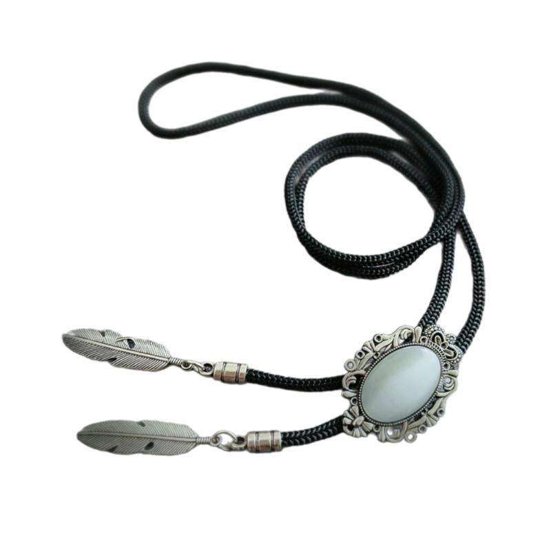 Men Women Handmade Vintage Bolo Tie Western Cowboy Braided Rope Necktie with Antique Stone Feathered Pendant Necklace