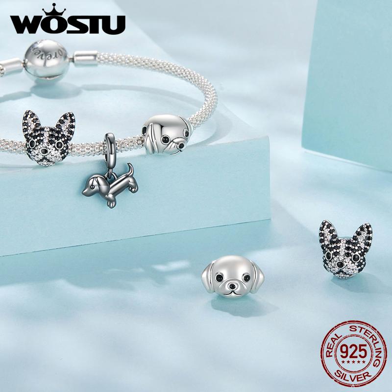 WOSTU 925 Sterling Silver Dog Charm Heart Animal Bead Black Boston Terrier Dachshund Pendant Fit DIY Bracelet Gift For Pet Lover