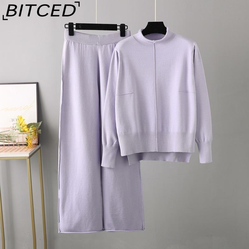 

BITCED Комплект из двух трикотажных свитеров для женщин на осень и зиму, свободный и повседневный комплект с широкими брюками в элегантном стиле One size светло-фиолетовый