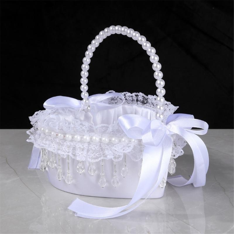Elegant Crystal Pearls Tassels Basket For Wedding Party Decorations Handcrafted Floral Container With Silk Fabric