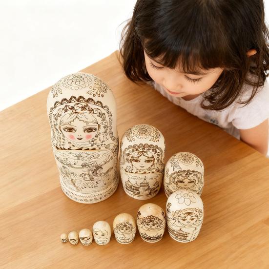 10Pcs/Set Russian Nesting Doll 10 Layers Handmade Wooden Matryoshka Girl Stacking Toy Home Office Desktop Decoration Ornament
