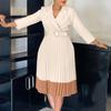 Women Fashion Pleated Dresses 2026 New Notched Collar Long Sleeve Mid Calf Belt Plus Size Dress