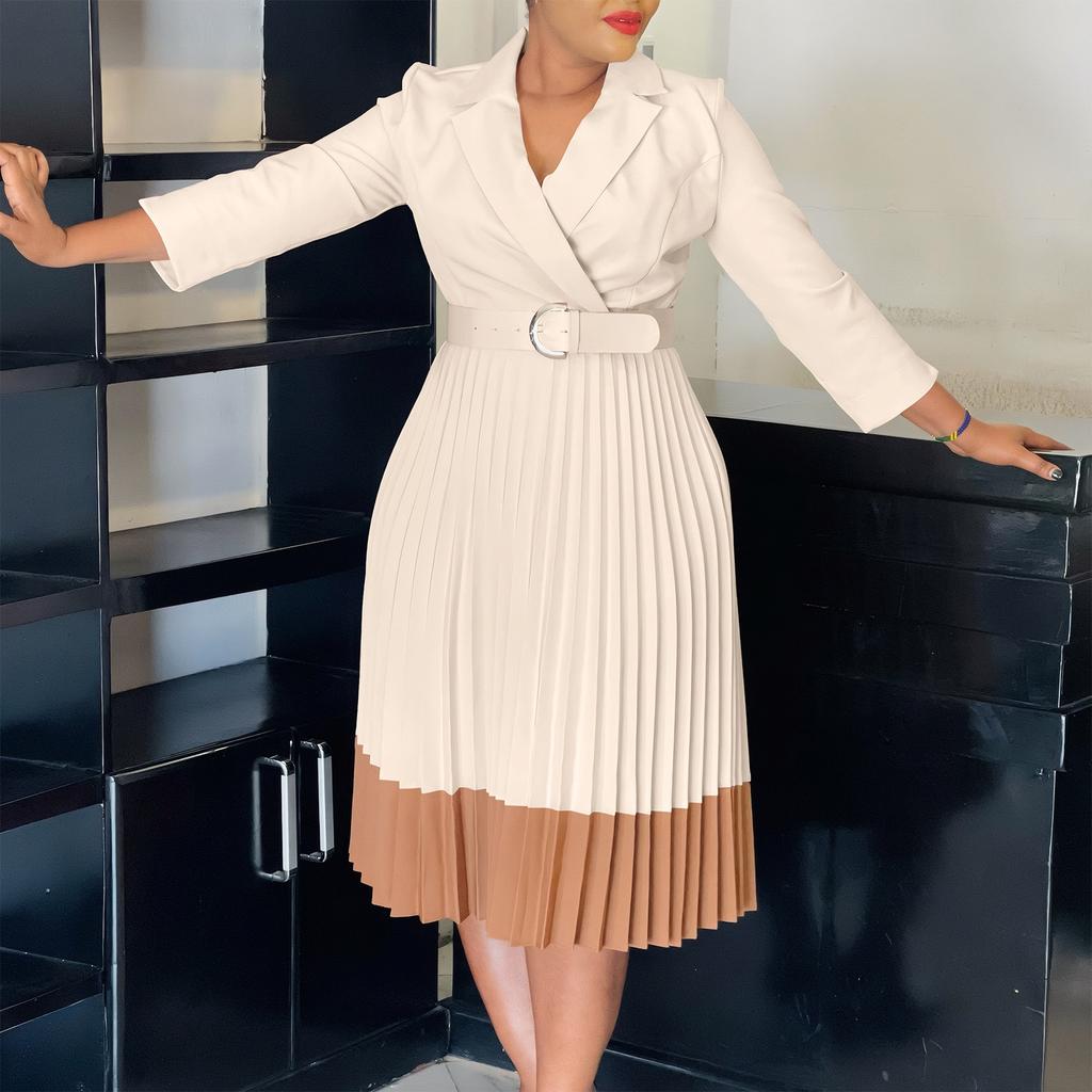 Women Fashion Pleated Dresses 2026 New Notched Collar Long Sleeve Mid Calf Belt Plus Size Dress