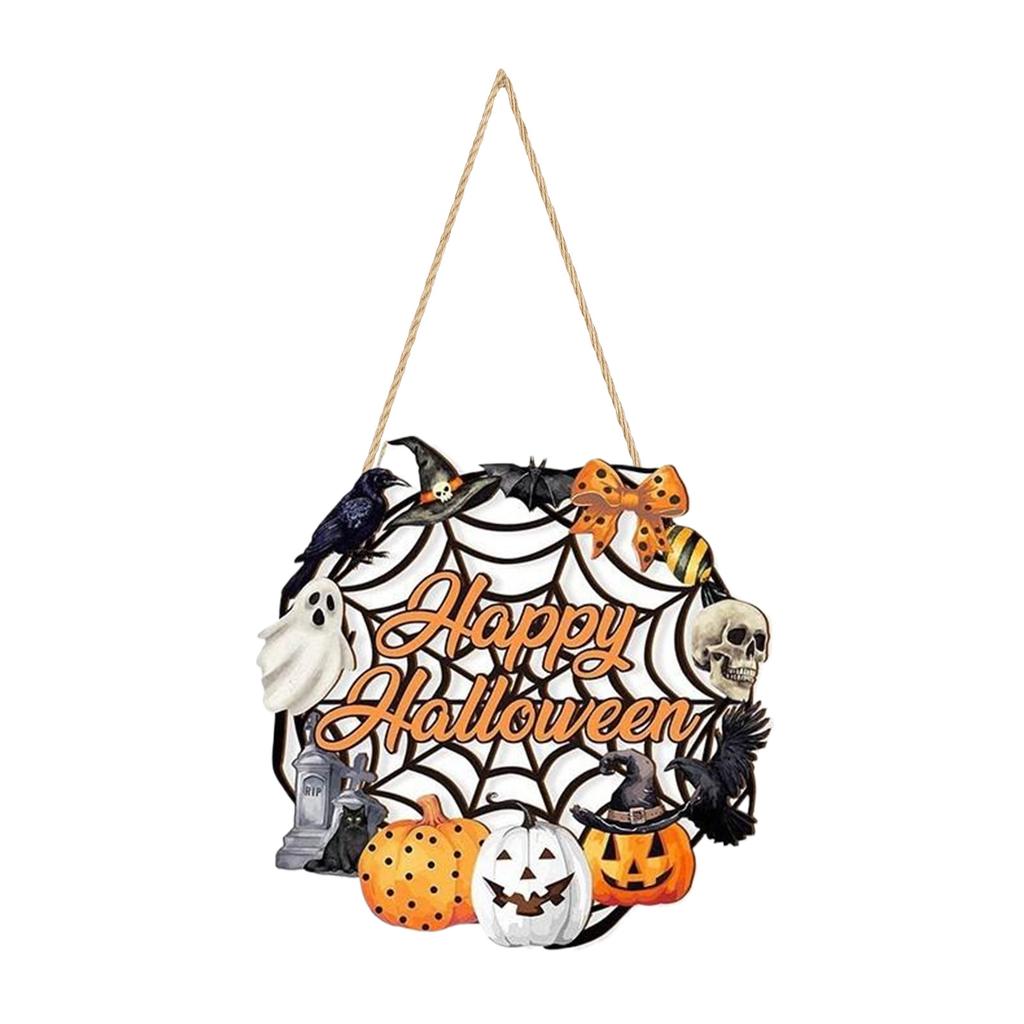 High Quality Halloween Decorative Wooden Sign with Black Cat, Pumpkin and Ghost - "Welcome" Design for Door Hanging