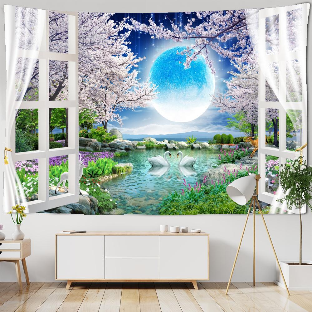 

Гобелен с пейзажем на окне для украшения, 3D-гобелен с романтическими цветами, домашняя живопись, психоделические лесные гобелены, настенные гобелены W150xH100cm