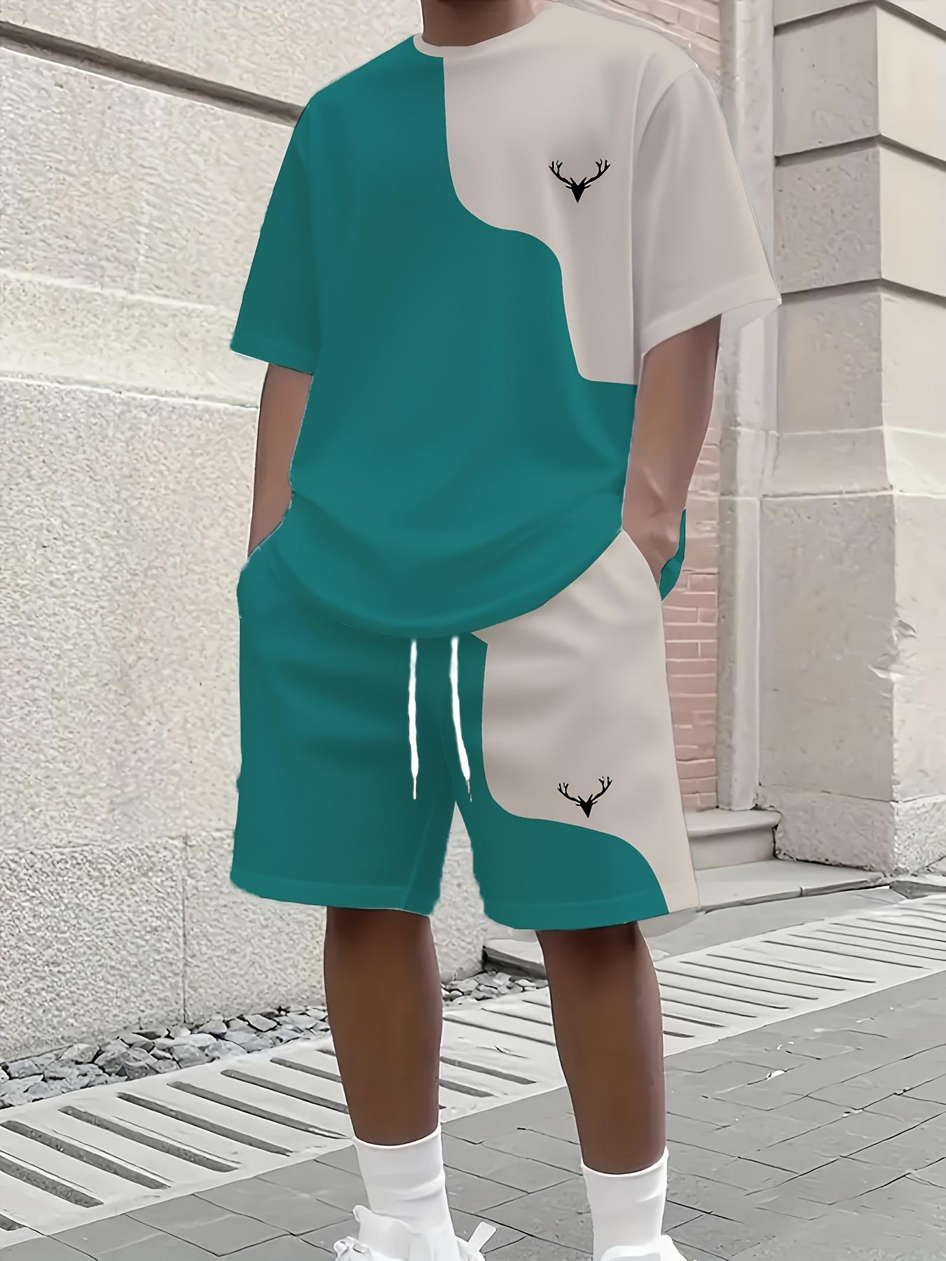 Men 2Pcs Casual Suit 3D Lucky Deer Print T-shirt + Shorts S
