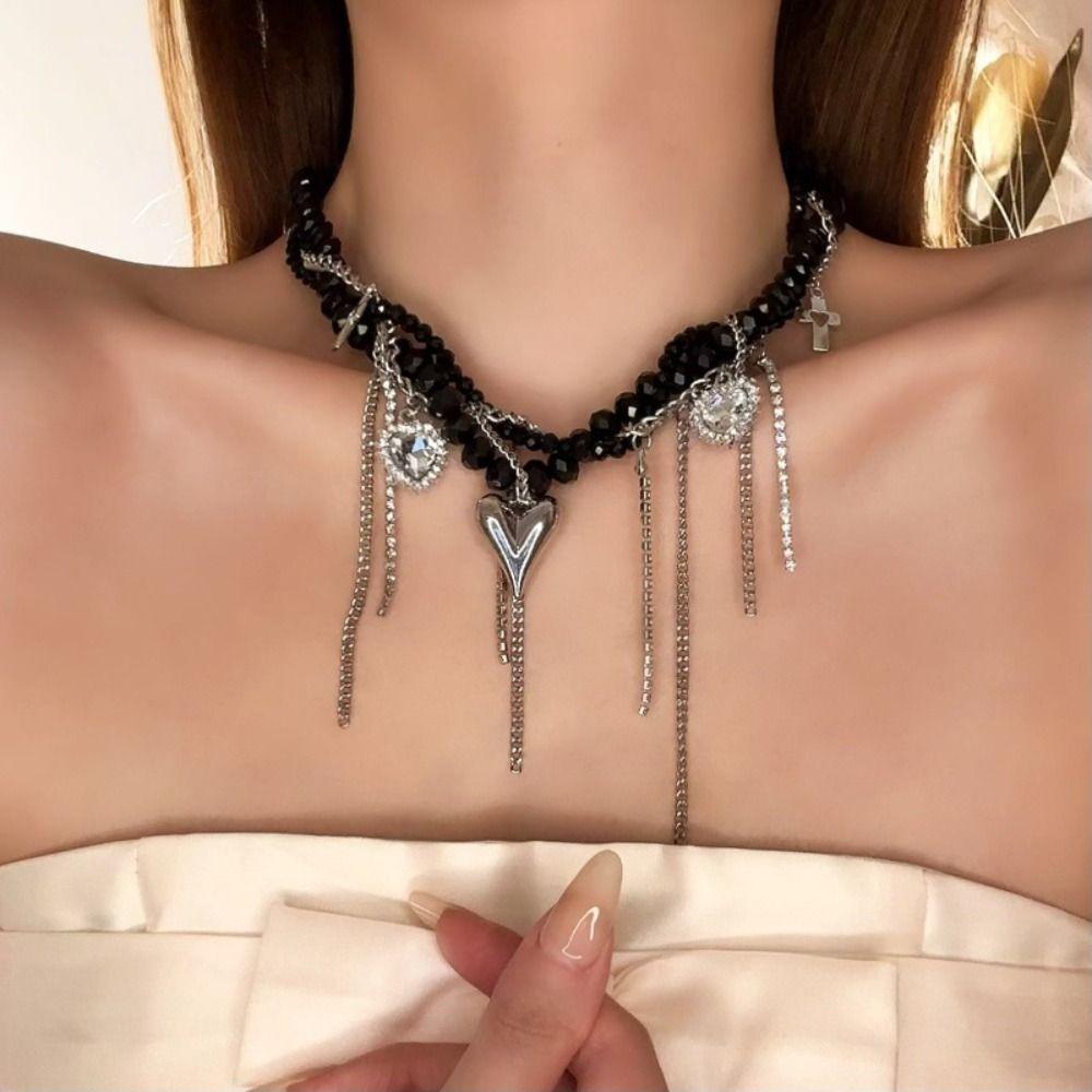 Punk Heart Pendant Necklace Geometry Y2K Crystal Necklace Adjustable Beaded Rhinestone Choker  Gift