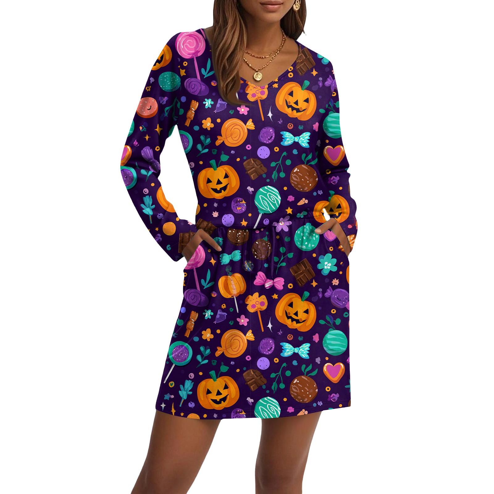

Women s Fashionable V-neck Long Sleeved Drawstring With Pocket Halloween Printed Casual Dress L темно-фіолетовий колір