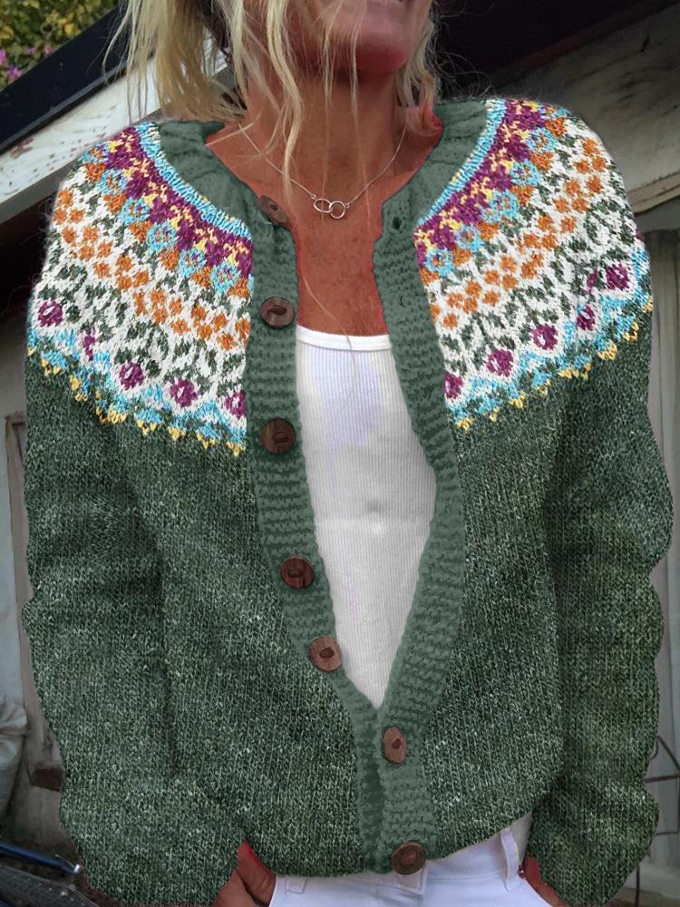 Women's Pink V-Neck Knit Cardigan with Jacquard Floral Pattern