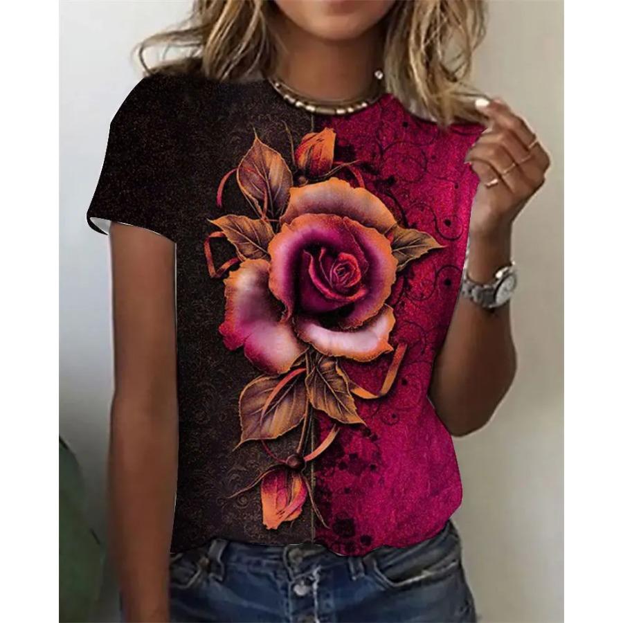Men's and Women's Short Sleeved T-shirt, Rose 3D Printing, Fashionable Harajuku Round Neck Shirt, 6XL Men's and Women's T-shirt
