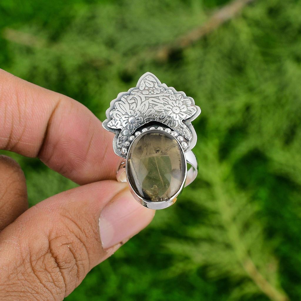 Mothers day Deal Natural Smoky Quartz Statement Ring Jewelry 925 Sterling Silver