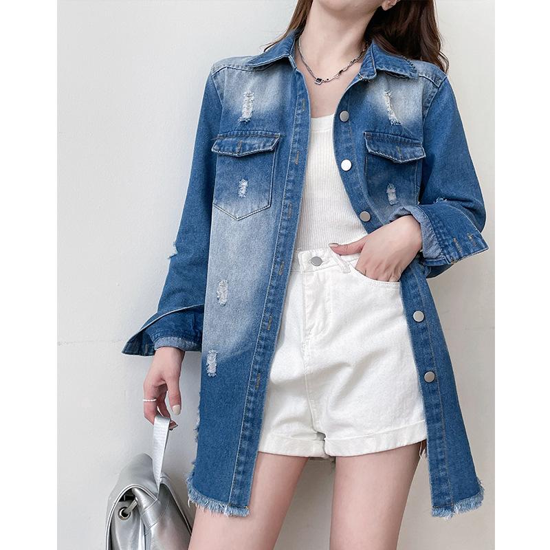 Zerrissene Jeansjacke Damen Herbst Winter Neue Vintage Button Up Langarm Mäntel Chic Umlegekragen Lose Jacke
