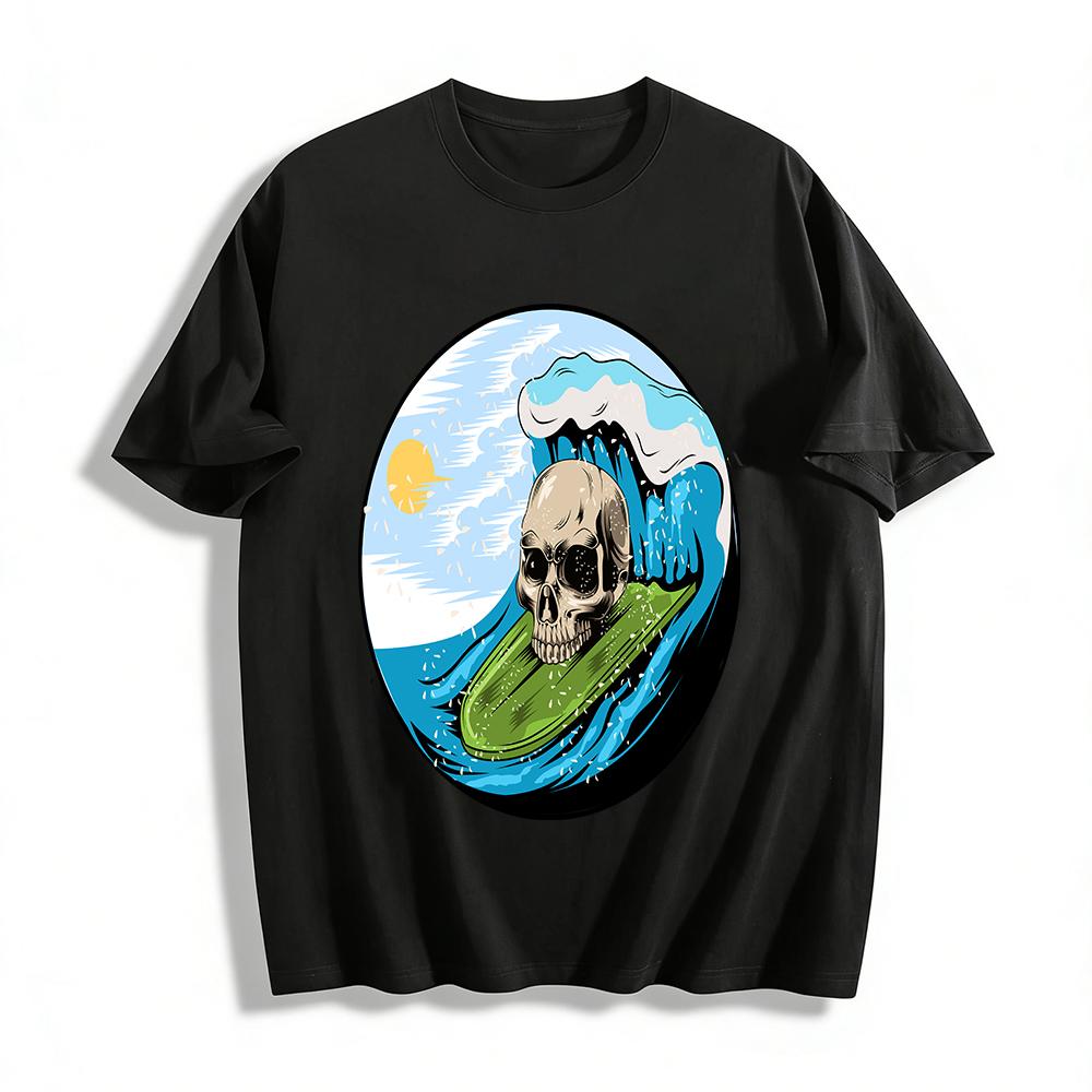 Vintage Skull Surf Print Tee Street Style Summer Trendy Top Pure cotton T-shirt XXS