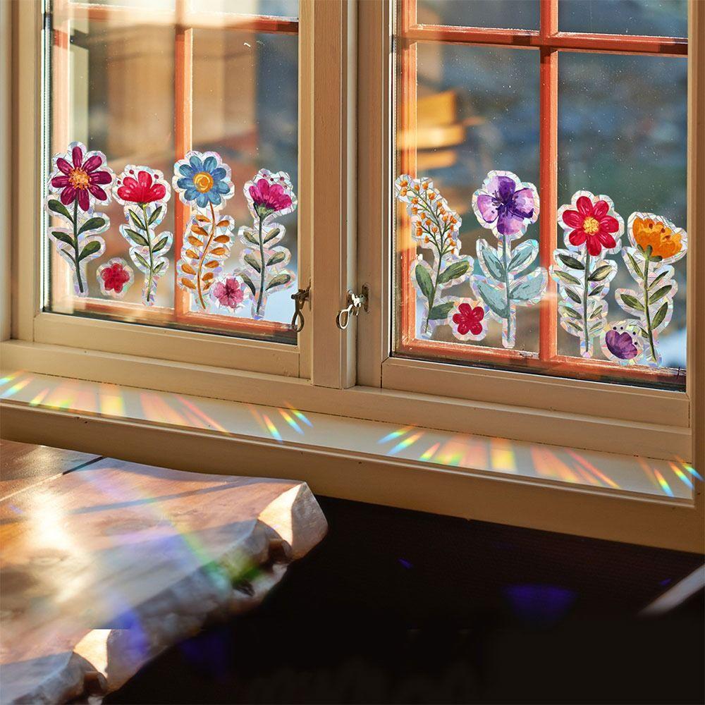 Colorful Sun Catcher Window Stickers Rainbow Prisms Flower Butterfly Bee Floral Decals Waterproof Sunlight Cloud