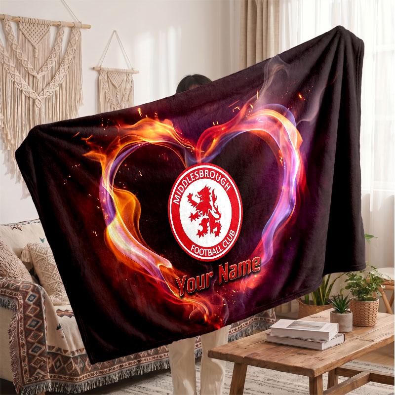 Middlesbrough FC Personalized Fleece Blanket With Football Logo, Custom Name Text Soft Warm Home Throw Blanket