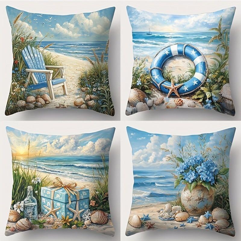 

Serene Coastal Beach Theme Pillowcase - Blue Nautical & Seashell Print Pillow Cover for Sofa Bedroom Living Room 4PC-45x45cm