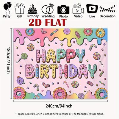 2D Happy Birthday Backdrop, Candy Donut Rainbow Photography Background, Sweet Theme Birthday Party Banner for Kids