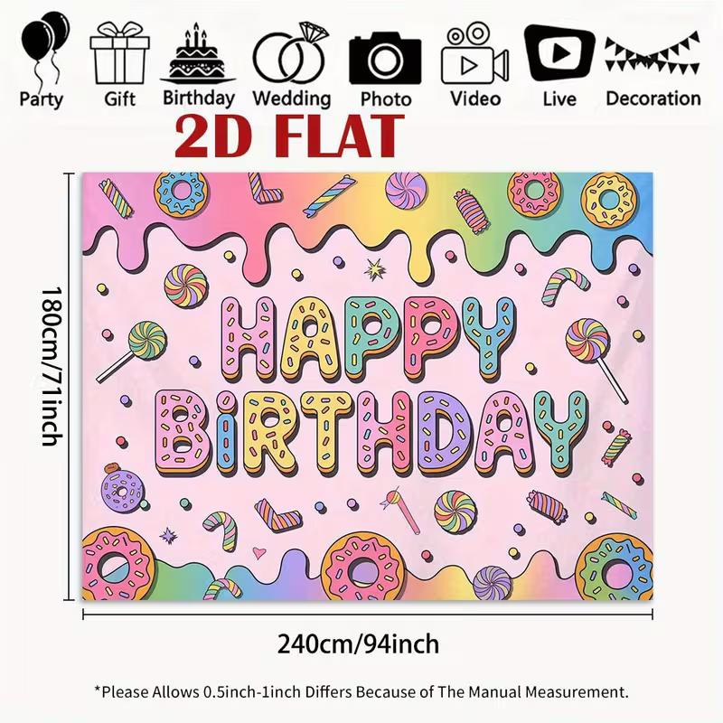 

2D Happy Birthday Backdrop, Candy Donut Rainbow Photography Background, Sweet Theme Birthday Party Banner for Kids 47.2x31.5inch/120*80cm