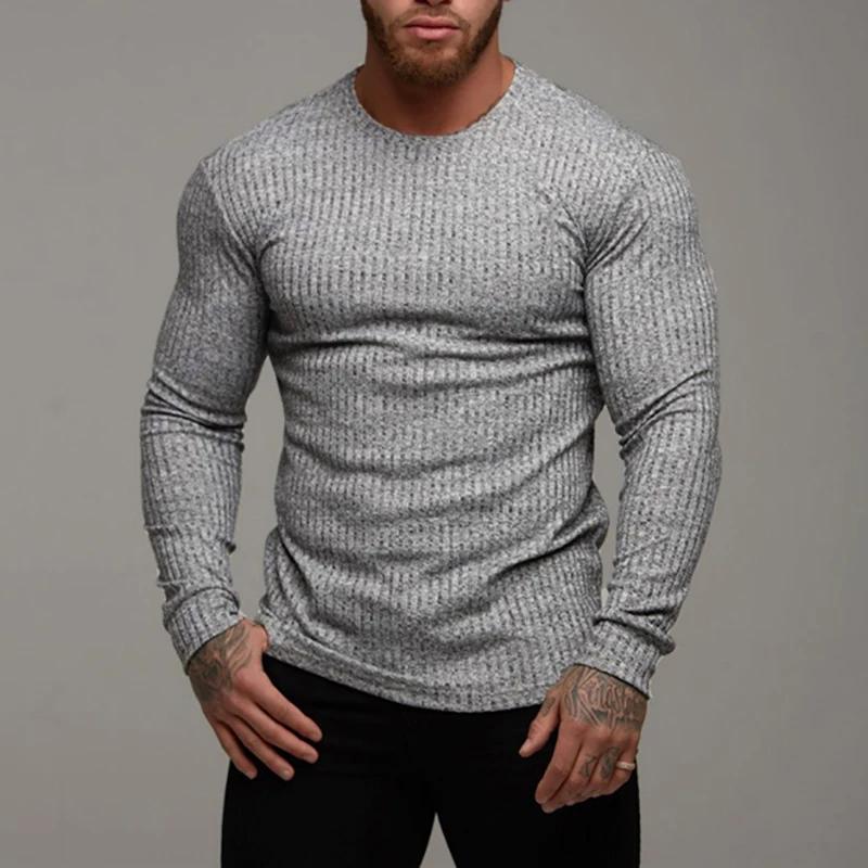 Muscleguys Spring Autumn Knitted Sports Long Sleeved Slim Fit Round Neck Running T-shirt Mens Casual Gym Training Bodybuilding Tees Shirt